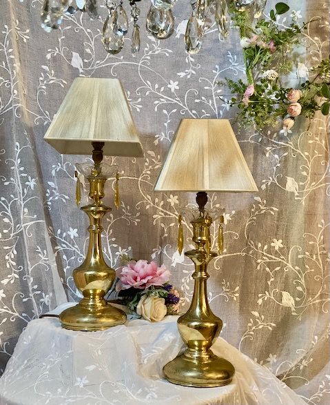 a pair of brass table lamps with amber drops