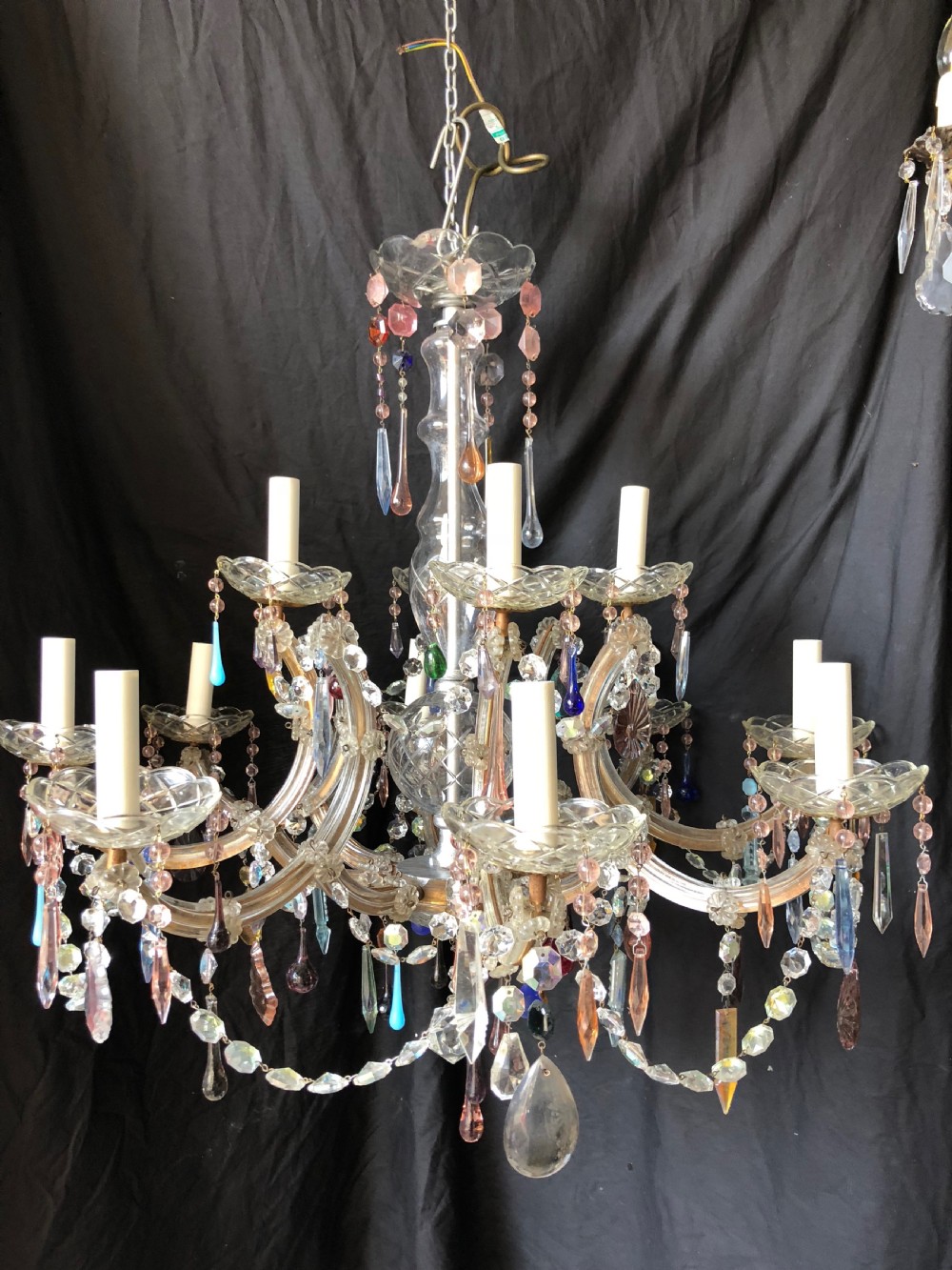 a twelve italian marie theresa chandelier with coloured drops