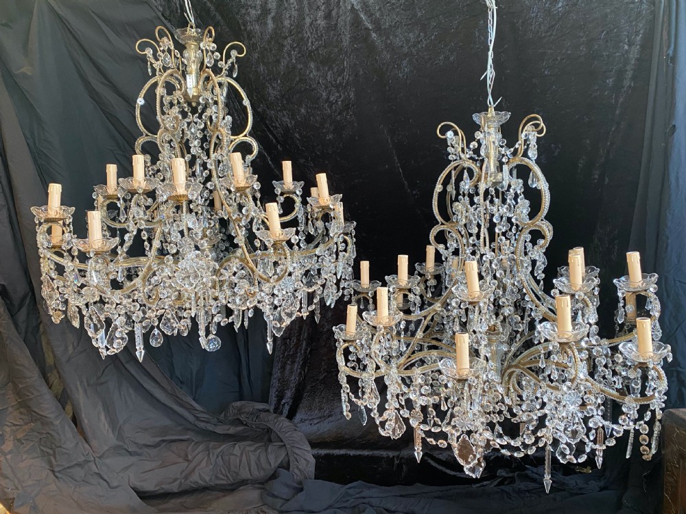 a pair of large florentine beaded 18 light antique chandeliers