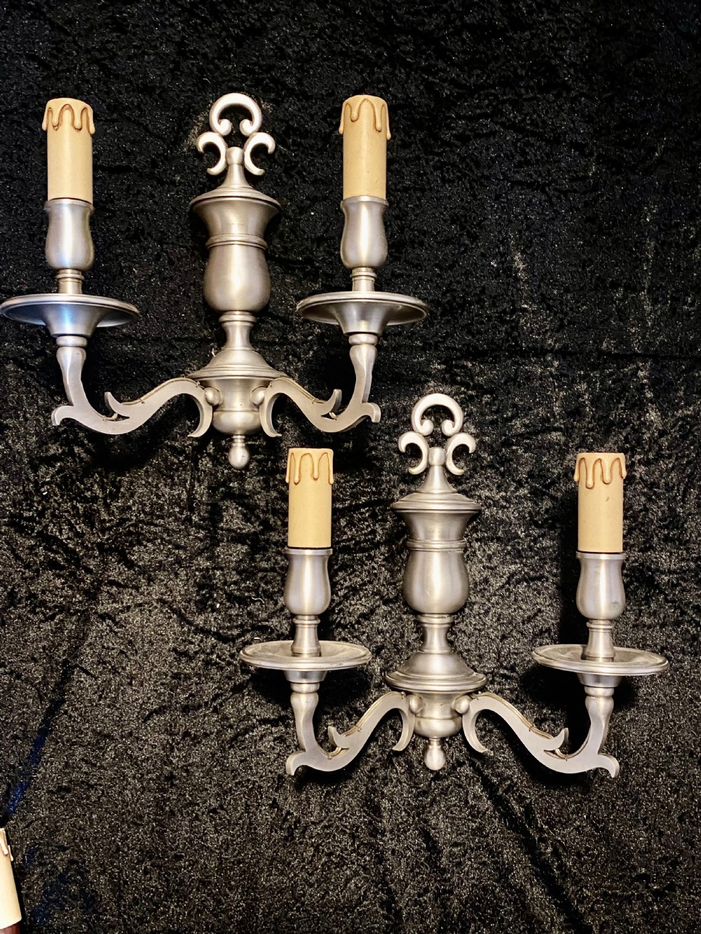 a pair of dutch twin arm walllights pewter colour