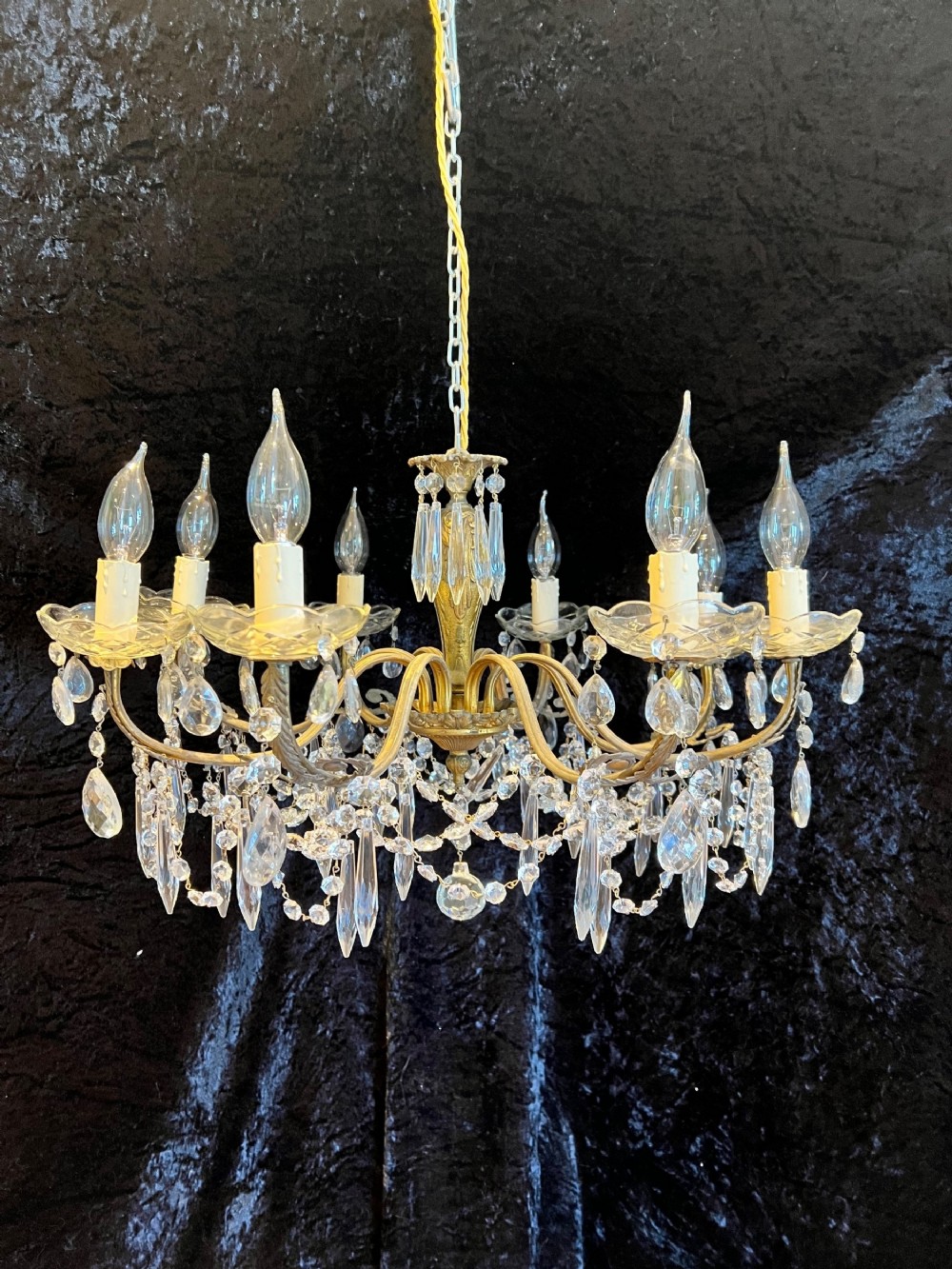french antique brass eight light shallow chandelier
