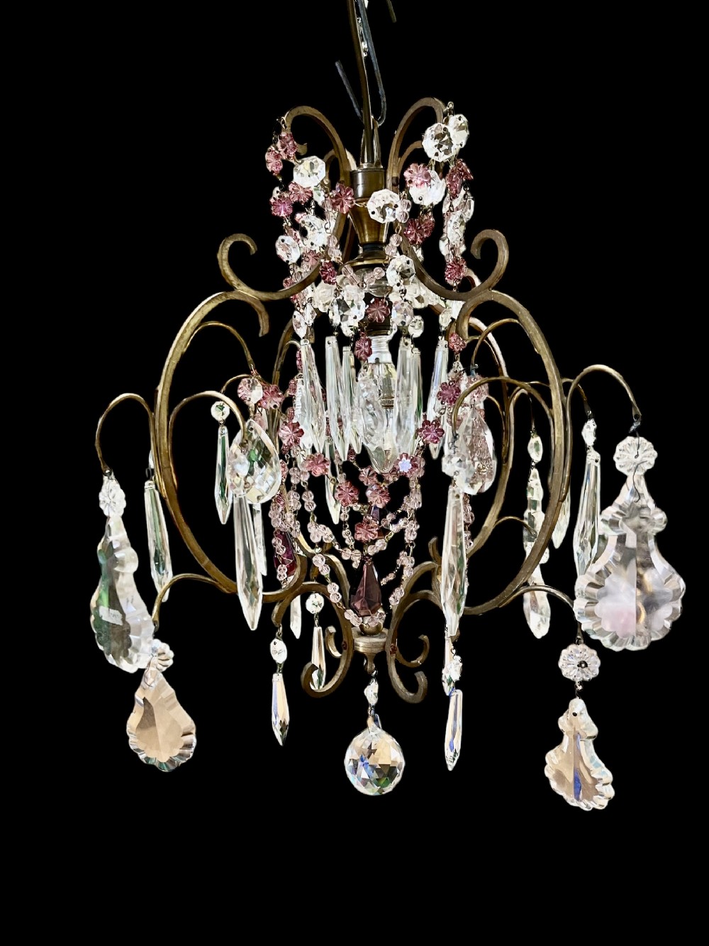 one light french antique chandelier with coloured crystals