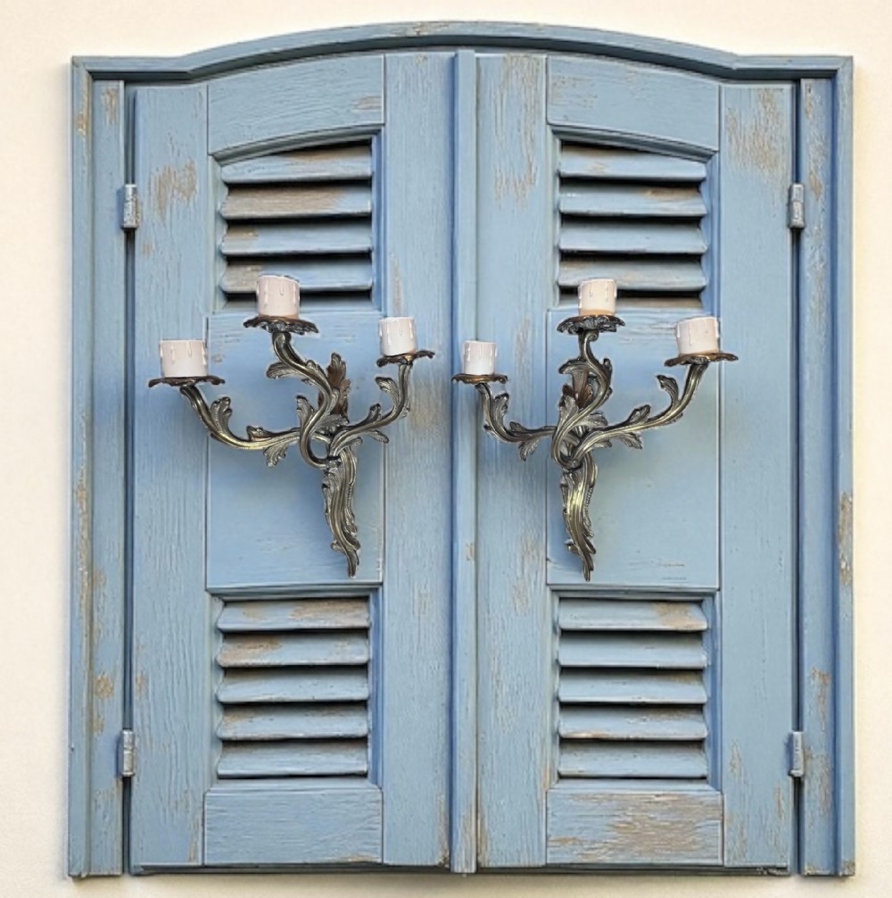 two french triple arm gilded antique brass wall lights
