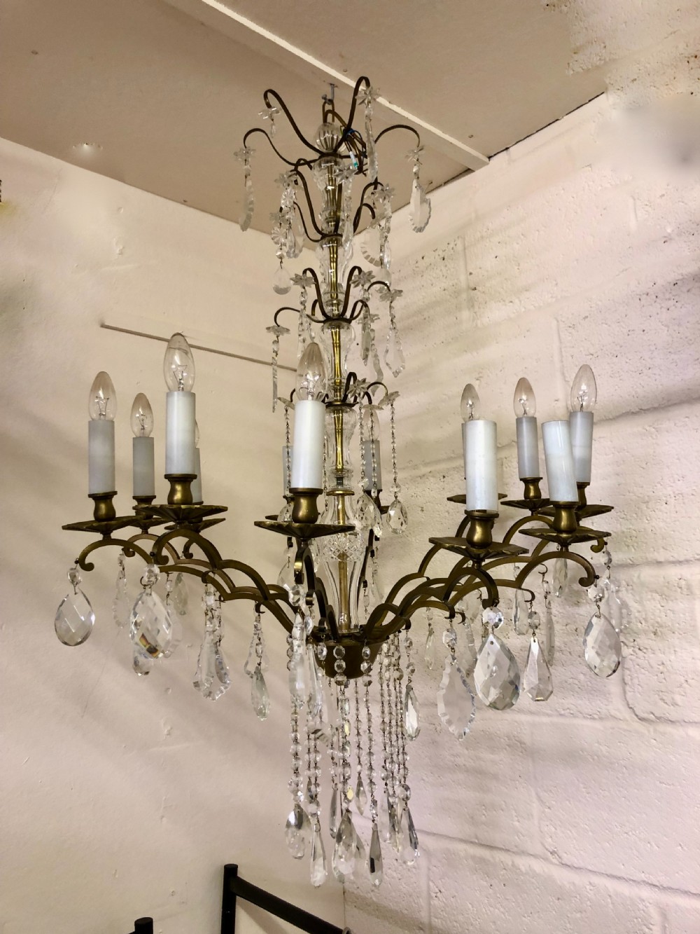 large 12 light french brass and crystal chandelier