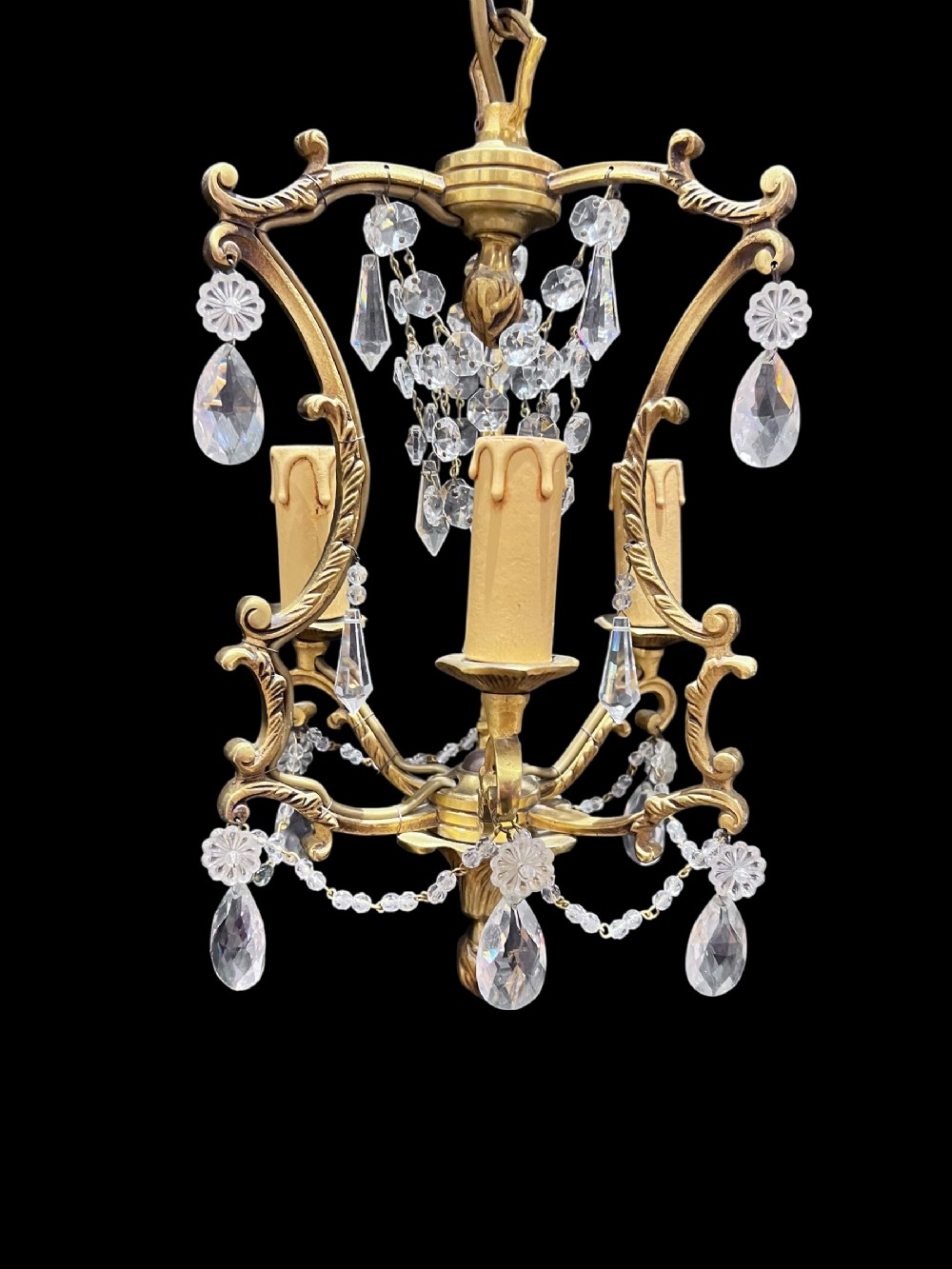 three light small french brass and crystal antique chandelier