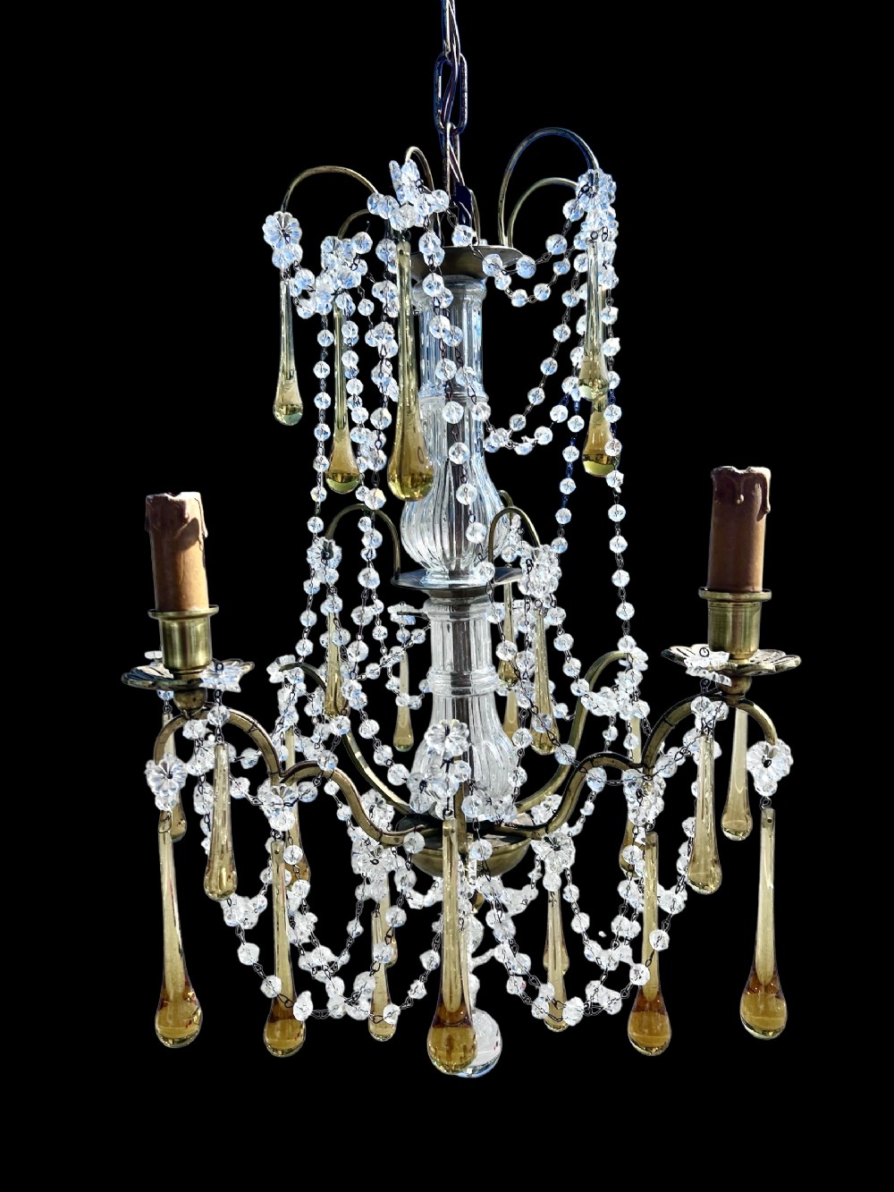 a three light italian antique chandelier with coloured crystals