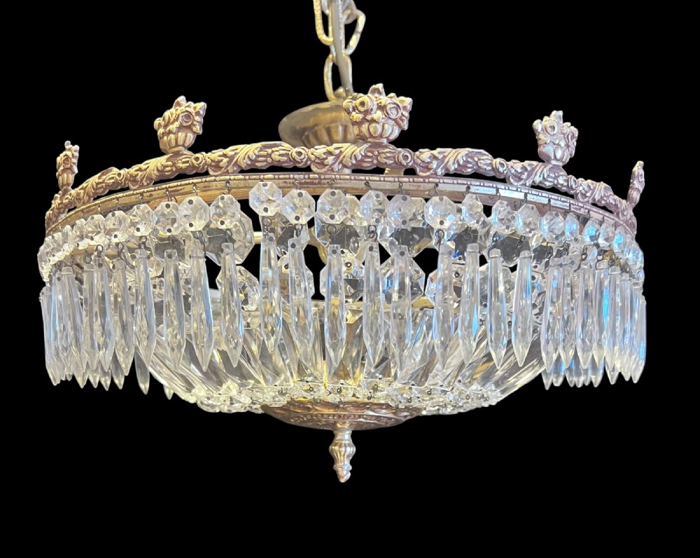 four light brass and crystal french antique plafoniere